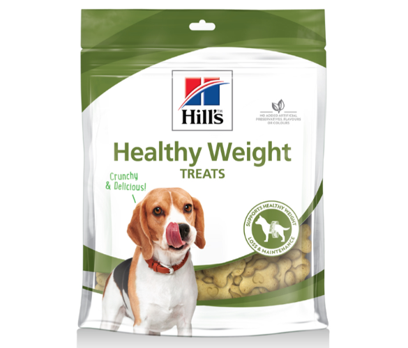 Framsidan av förpackningen för Hills Dog Treats Healthy Weight.