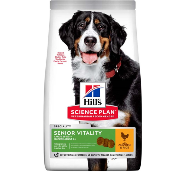 Framsidan av förpackningen för Hills Science Plan Canine Senior Vitality Large Breed Chicken.