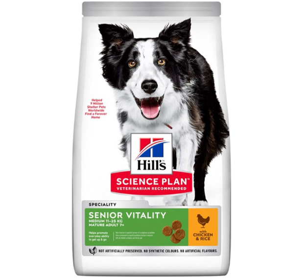 Framsidan av förpackningen för Hills Science Plan Canine Senior Vitality Medium Chicken.