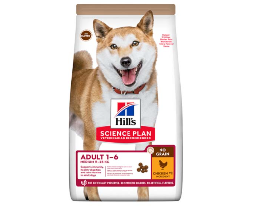 Framsidan av förpackningen för Hills Science Plan Canine Adult NoGrain Chicken.