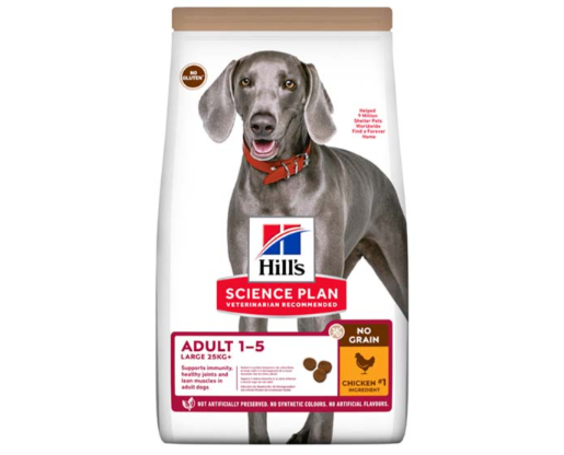 Framsidan av förpackningen för Hills Science Plan Canine Adult Large Breed NoGrain Chicken.