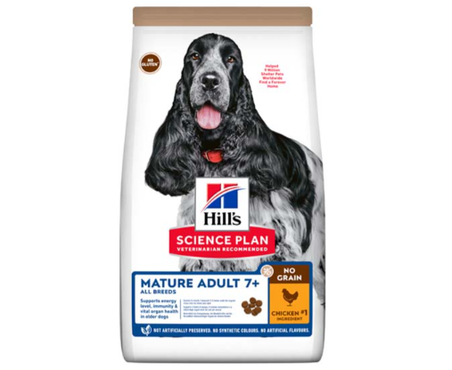 Framsidan av förpackningen för Hills Science Plan Canine Mature Adult NoGrain Chicken.