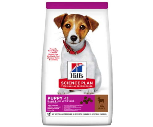 Framsidan av förpackningen för Hills Science Plan Puppy Small & Mini Lamb & Rice.