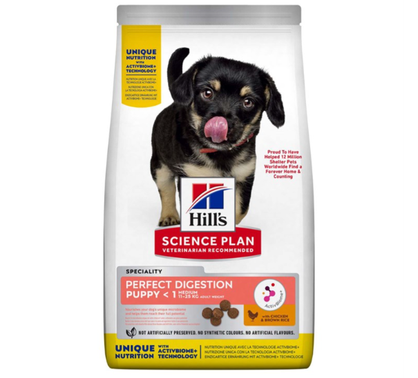 Framsidan av förpackningen för Hills Science Plan Puppy Perfect Digestion Medium Chicken & Rice.