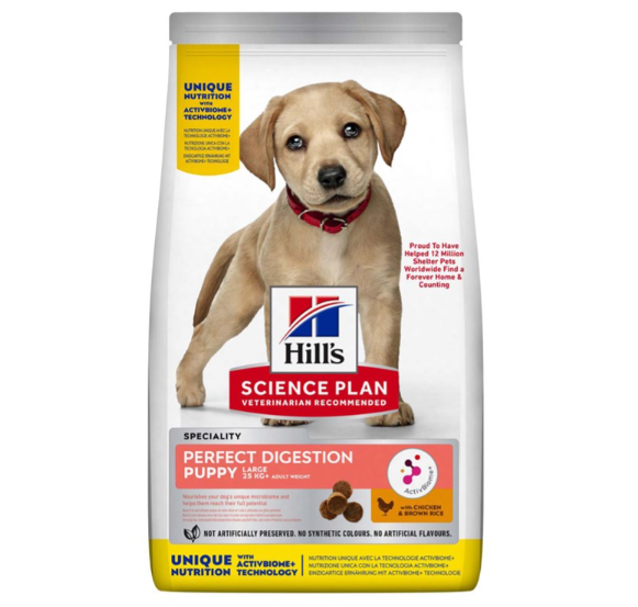 Framsidan av förpackningen för Hills Puppy Perfect Digestion Large Breed Chicken & Rice.