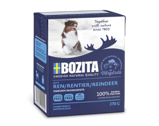 Framsidan av förpackningen för Bozita Hund Tetra Bitar i Gelé Ren.