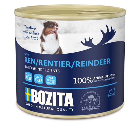 Framsidan av förpackningen för Bozita Hund Paté Ren.