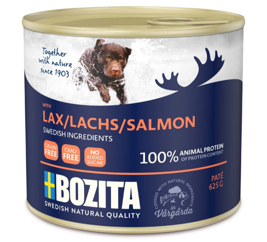 Framsidan av förpackningen för Bozita Hund Paté Lax.