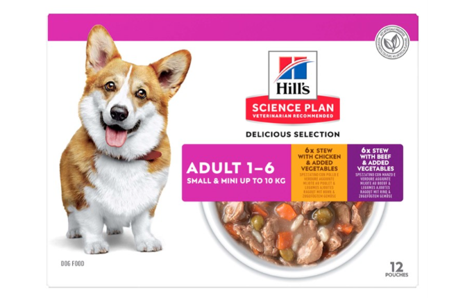 Framsidan av förpackningen för Hills Canine Adult Small & Mini Chicken/Beef & Vegetables.