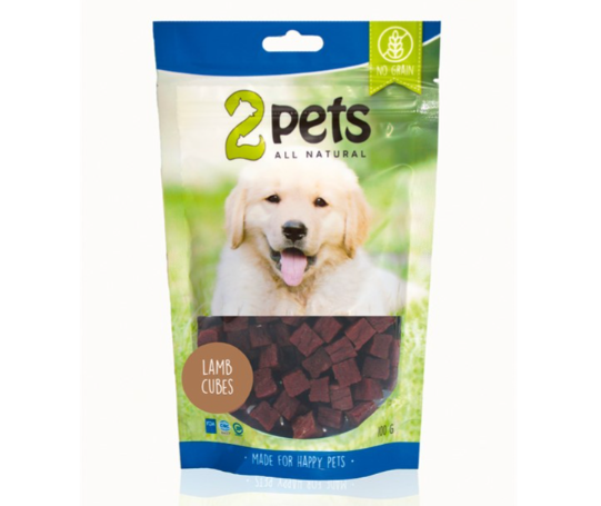 Framsidan av förpackningen för 2pets Dogsnack Lamb Cubes.