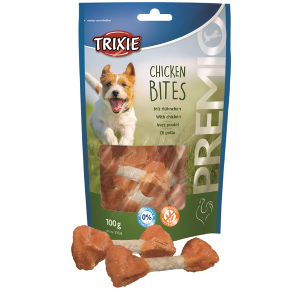 Framsidan av förpackningen för PREMIO Chicken Bites - 100 g.