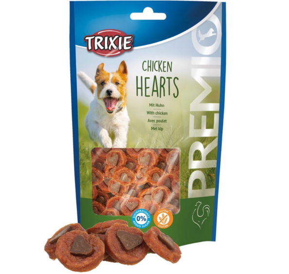 Framsidan av förpackningen för PREMIO Chicken Hearts - 100 g.