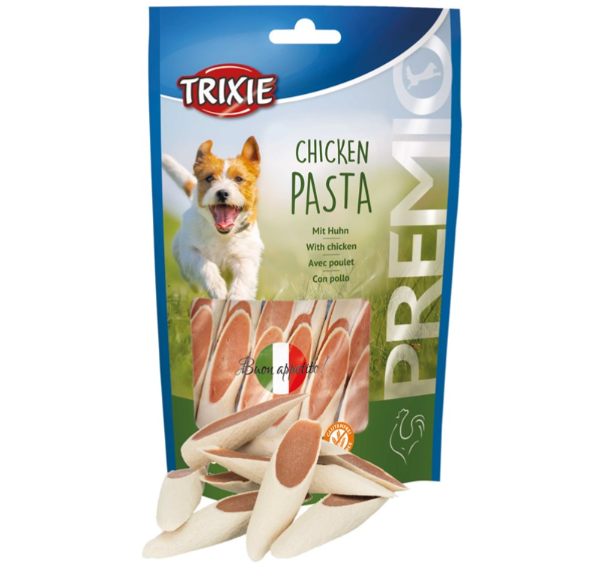 Framsidan av förpackningen för PREMIO Chicken Pasta - 100 g.