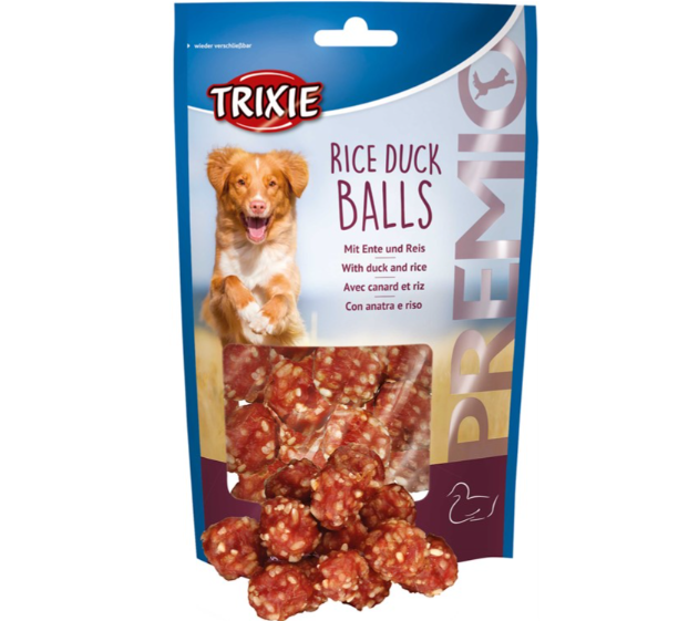 Framsidan av förpackningen för PREMIO Rice Duck Balls - 80 g.