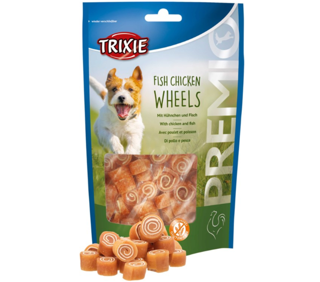 Framsidan av förpackningen för PREMIO Fish Chicken Wheels - 75 g.