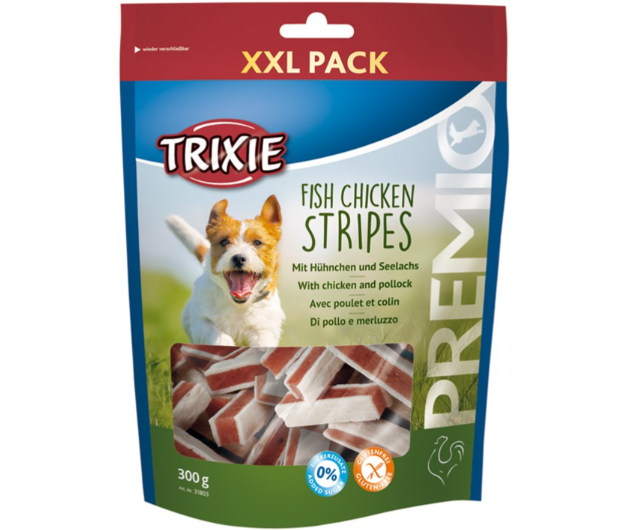 Framsidan av förpackningen för PREMIO Fish Chicken Stripes, XXL - 300 g.