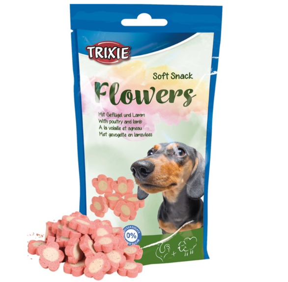 Framsidan av förpackningen för hundgodiset Soft Snack Flowers.