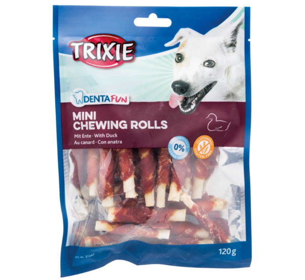 Framsidan av förpackningen för Denta Fun Mini tuggrulle, anka, 6 cm - 120 g.