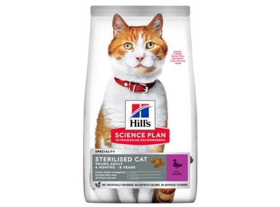 Framsidan av förpackningen för Hills Science Plan Feline Adult Sterilised Duck.