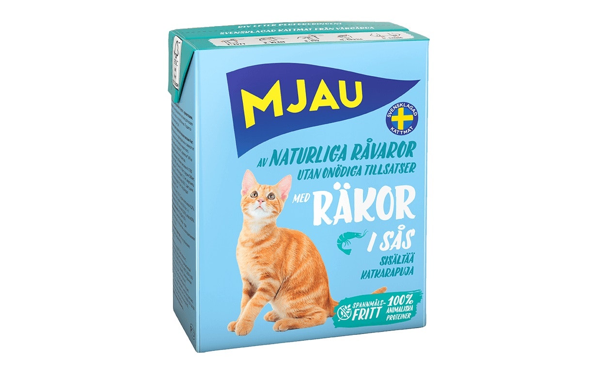 Framsidan av Mjau bitar i sås med räkor.