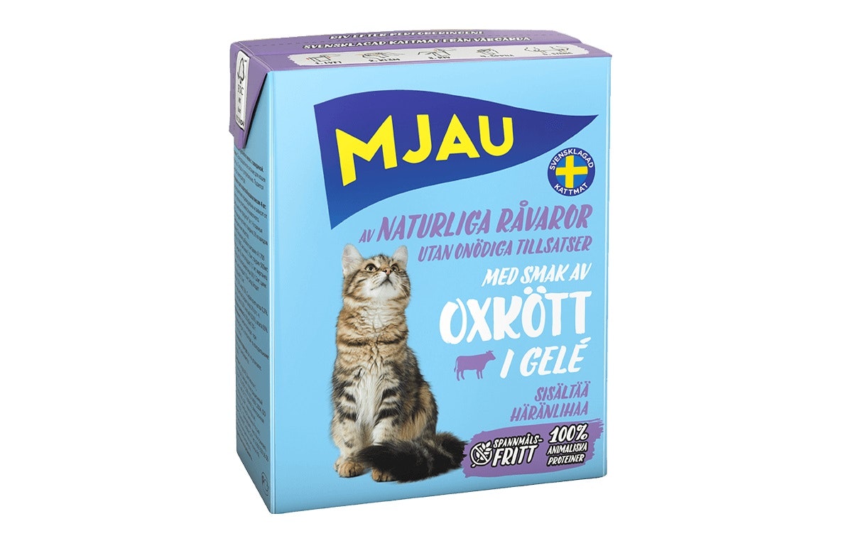 Framsidan av Mjau bitar i gelé med oxkött.