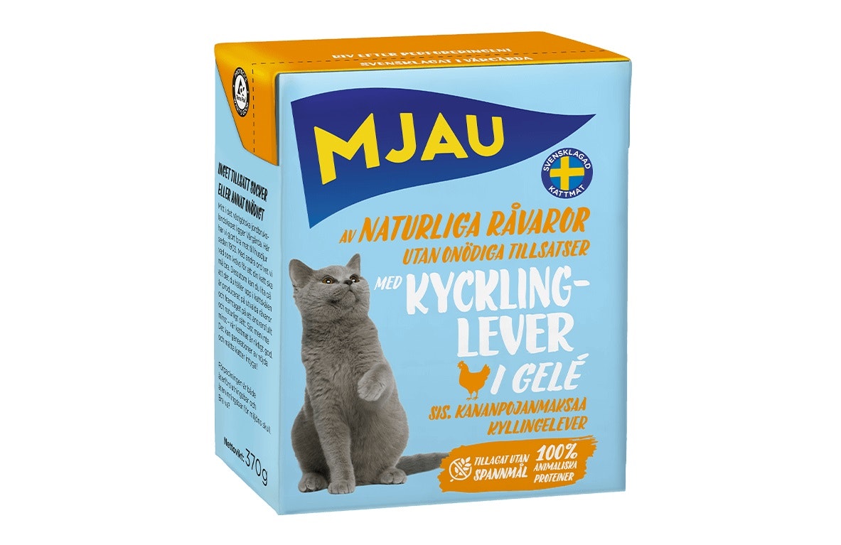 Framsidan av Mjau bitar i gelé med kycklinglever.