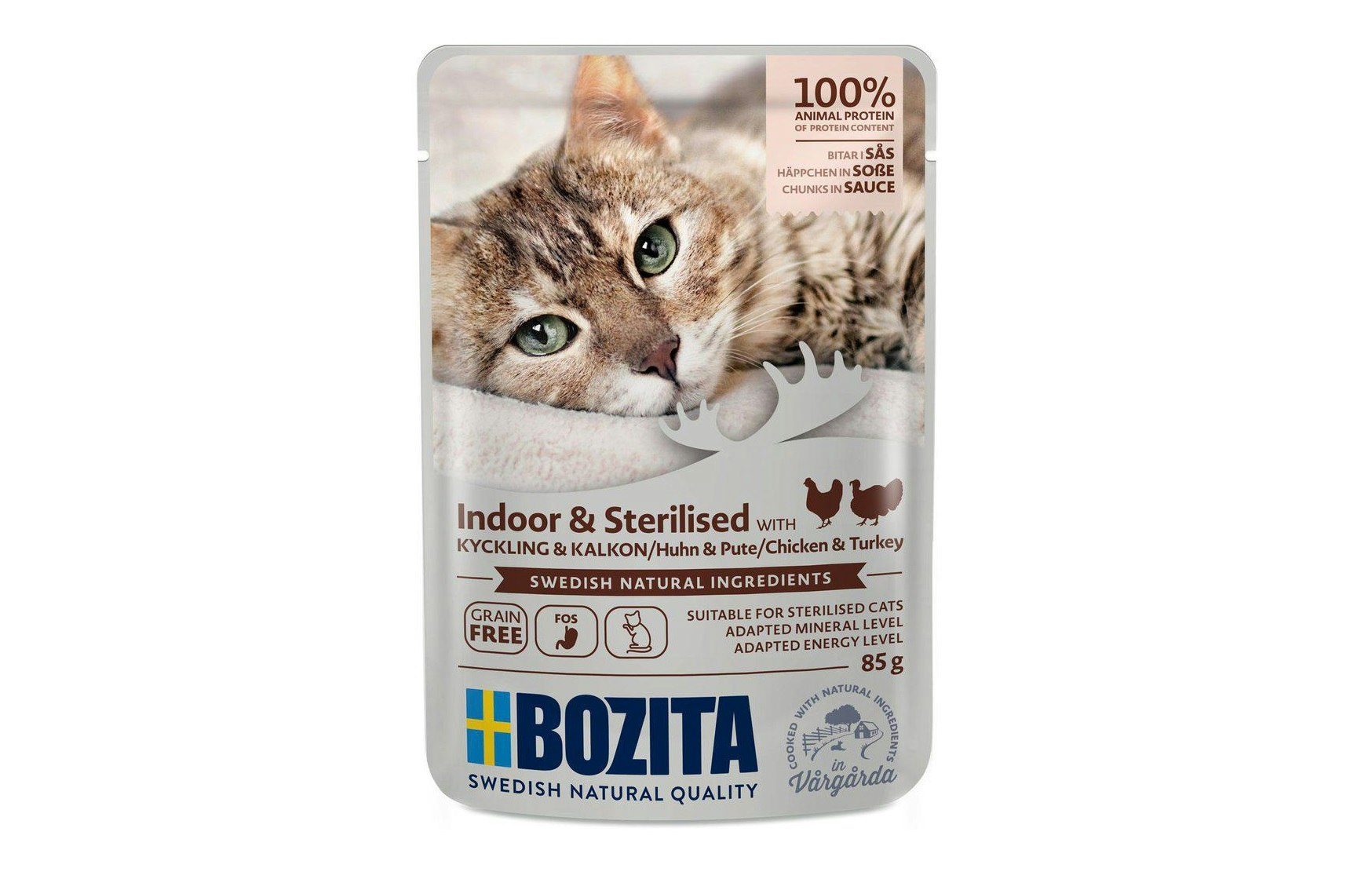 Framsidan av Bozita Indoor & Sterilised Kyckling & Kalkon i Sås.