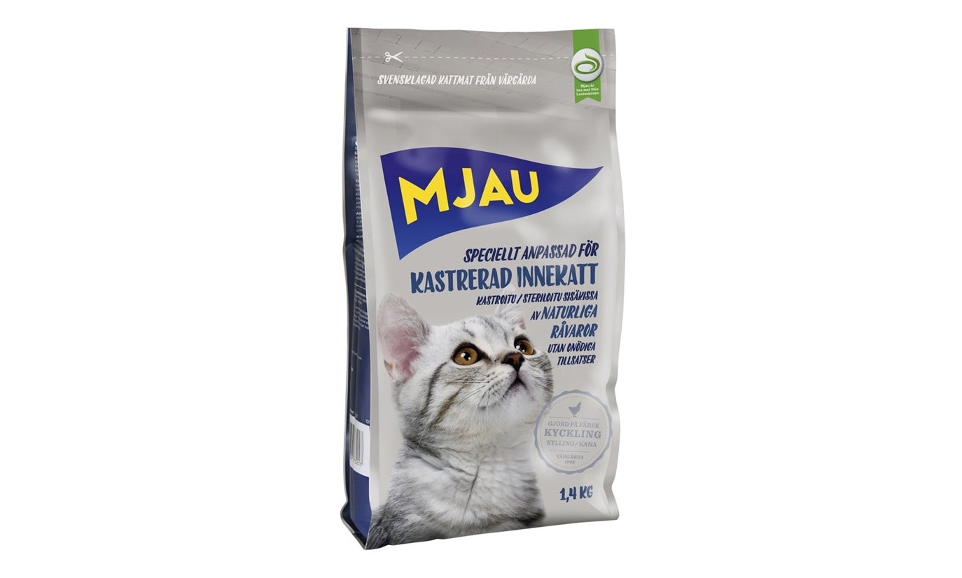 Framsidan av Mjau Kastrerad Innekatt 1,4 kg.