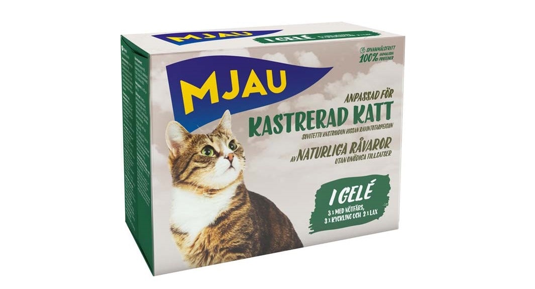 Framsidan av Mjau Multibox Kastrerad i Gelé - 8x85g.