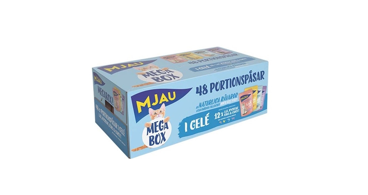 Framsidan av Mjau Megabox Kött & Fisk i Gelé - 48x85g.