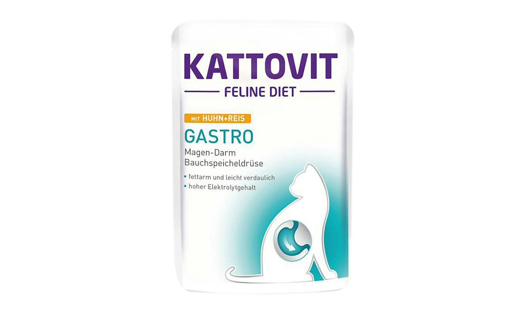 Framsidan av Kattovit Feline Diet Gastro Kyckling & Ris.