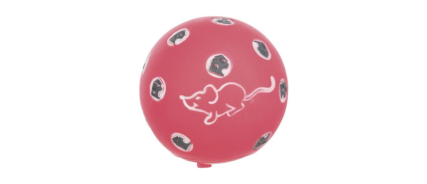 En röd aktivitetsboll med en liten mus på framsidan.