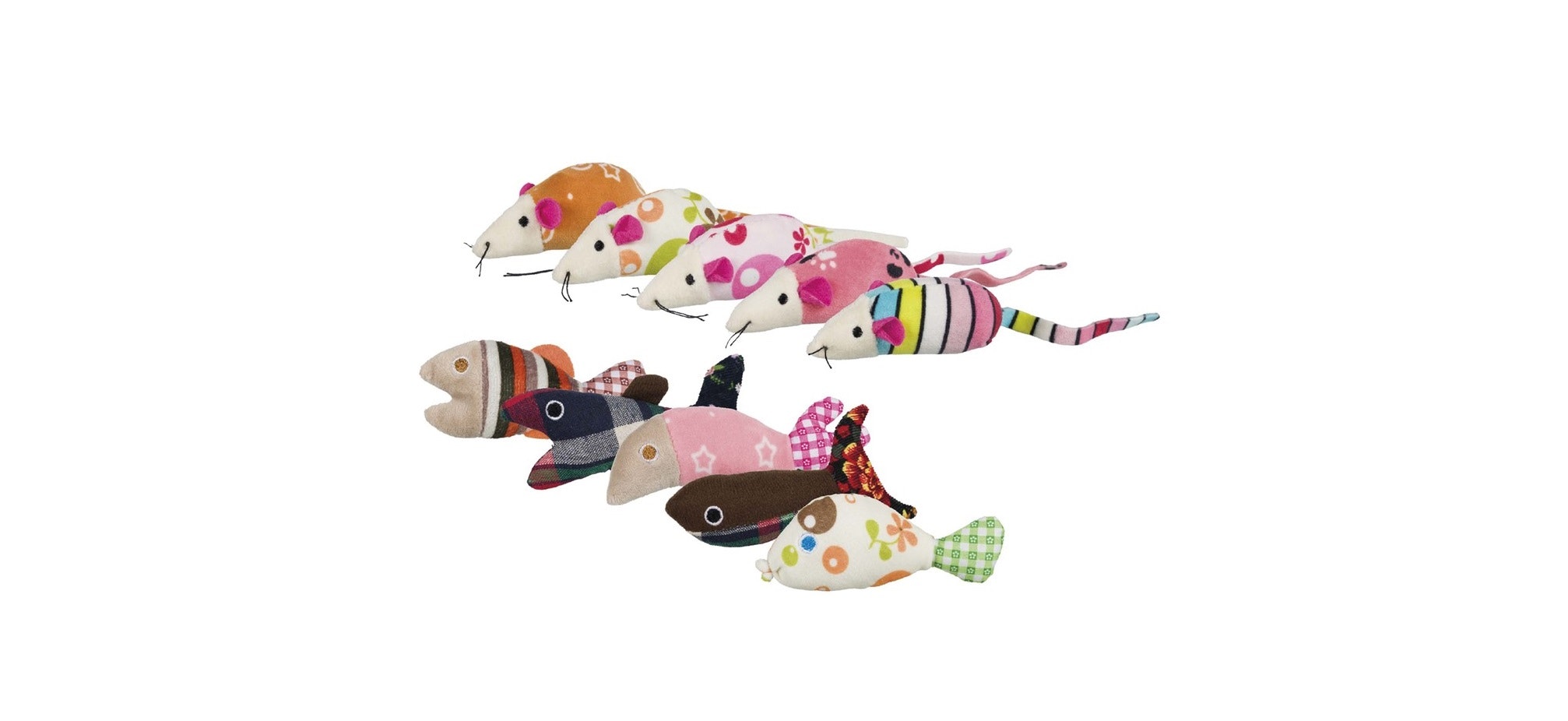 Möss/fiskar i plysch/tyg - 9-12 cm