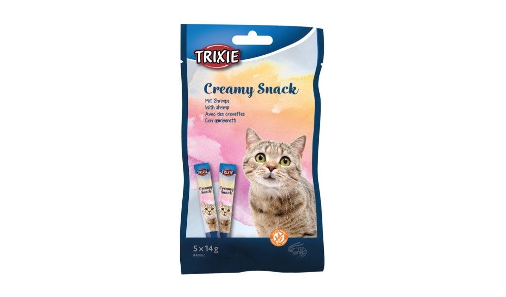 Framsidan av Trixie Creamy Snacks med smak av räkor.