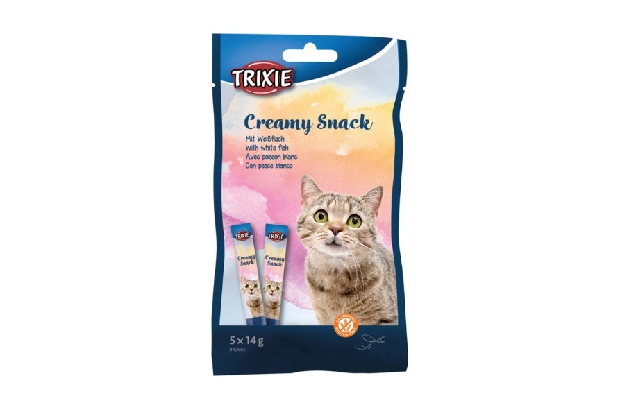Framsidan av Trixie Creamy Snacks med smak av vitfisk.