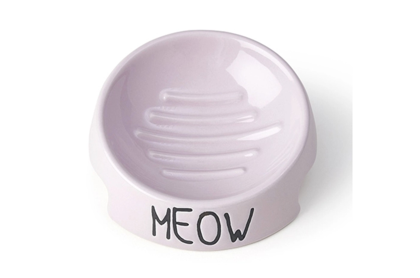 En rosa keramikskål med texten "Meow" på sidan.