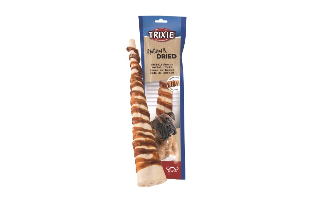 Trixies torkade och köttlindade buffelsvans.