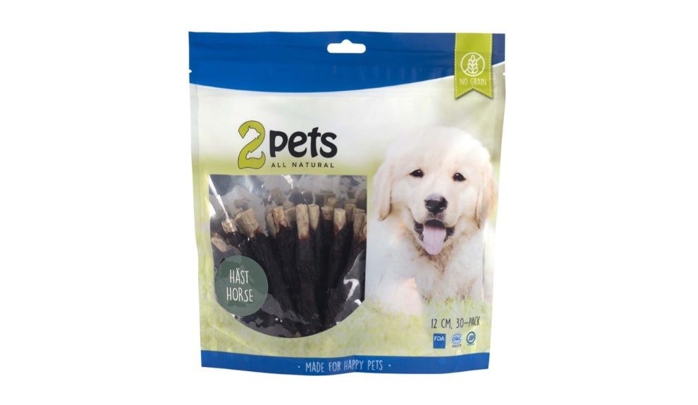 Framsidan av 2pets tuggpinnar med mald häst.