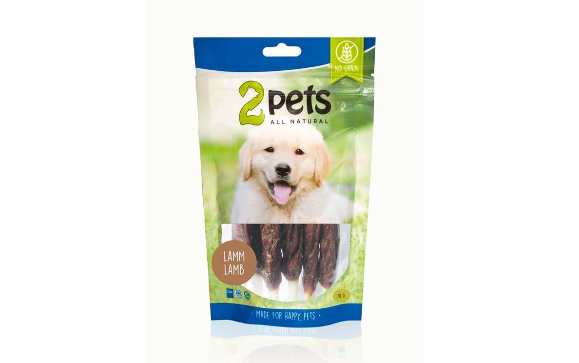 Förpackningen med 2pets tuggpinne med lamm.
