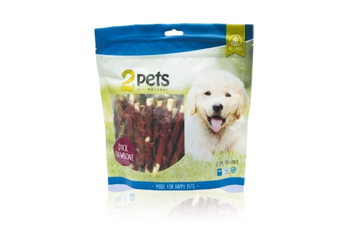 Framsidan av 2pets tuggpinne med ankfilé.