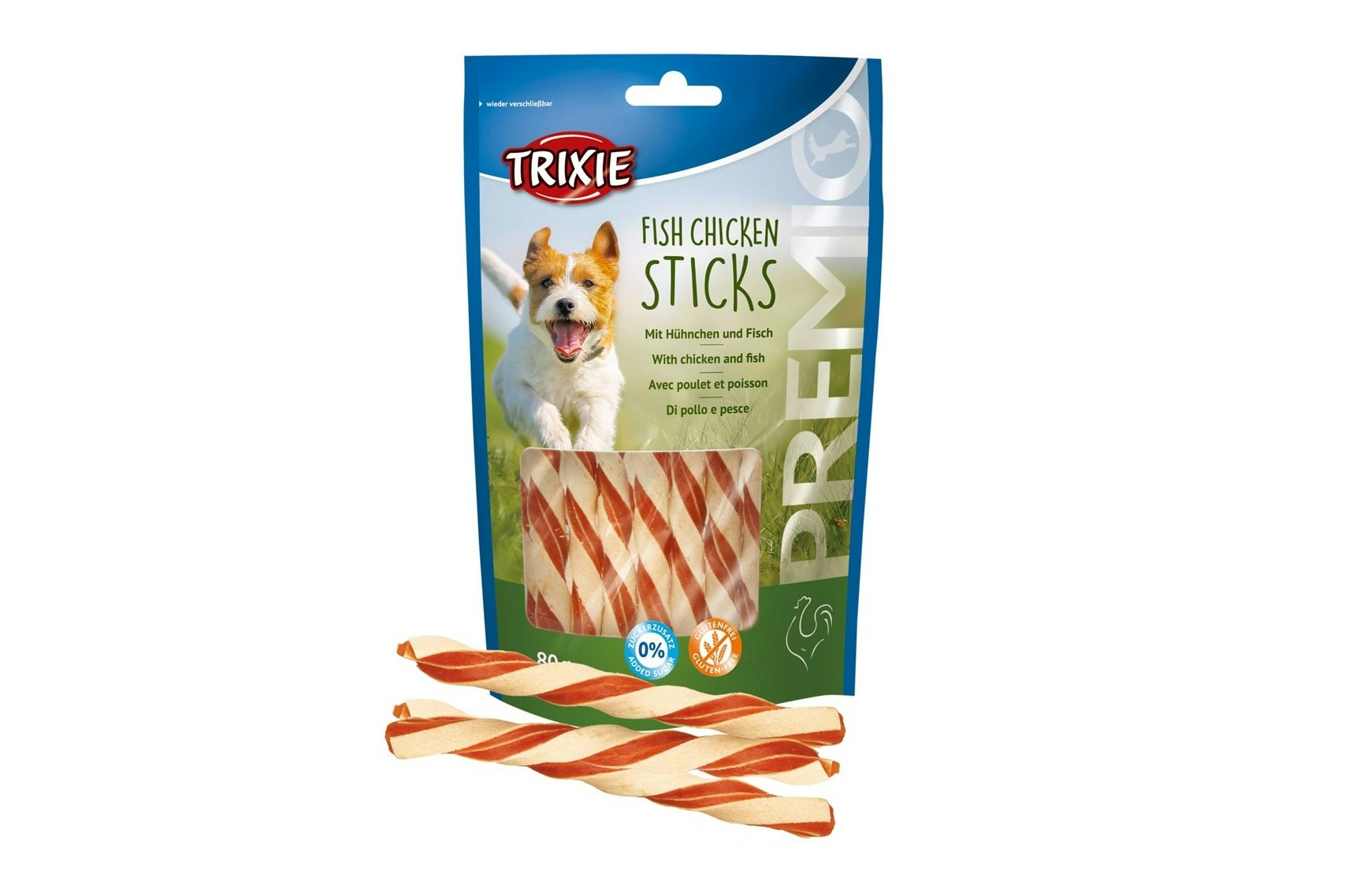 Framsidan av PREMIO Fish Chicken Sticks.