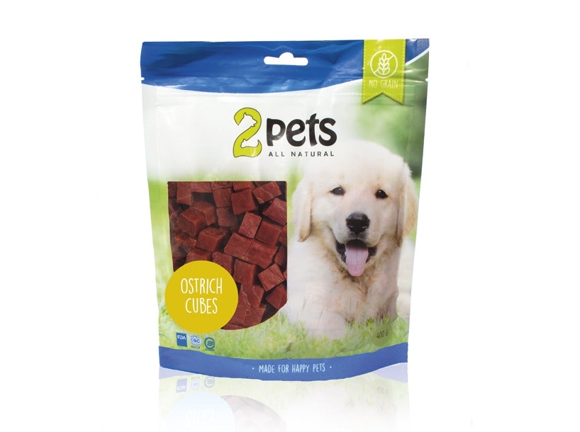 Framsidan av 2pets Dogsnack Ostrich/Struts Cubes.