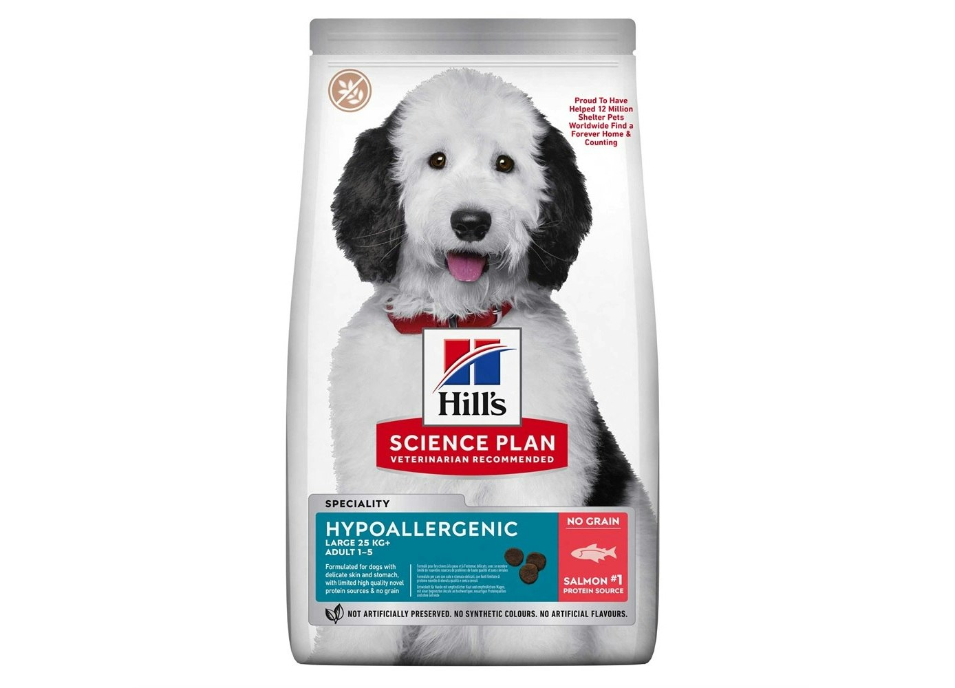 Framsidan av förpackningen av Hills Science Plan Adult Hypoallergenic Large Breed Salmon.