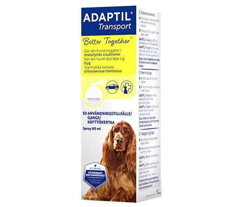 Framsidan av förpackningen av Adaptil Transport Spray med 60 ml.