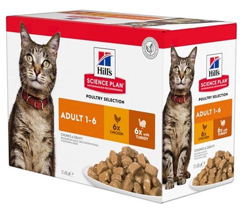 Framsidan av Hills Feline Adult Wet Cat Food Chicken & Turkey.