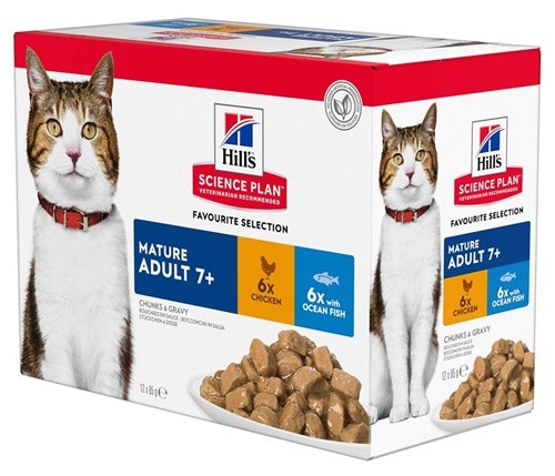 Framsidan av Hills Science Plan Feline Mature Chicken & Ocean Fish.