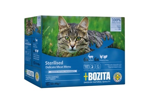 Framsidan av Bozita Indoor & Sterilised Köttmeny i Sås Multibox.