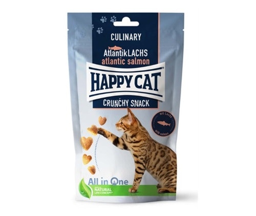 Framsidan av HappyCat Crunchy Snack med lax och ärtor.