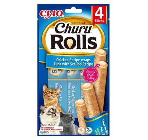 Framsidan av Churu Cat Rolls Chicken & Tuna Wrap With Scallop.