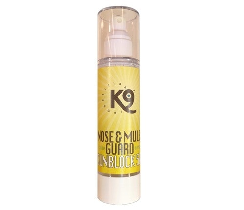 Framsidan av K9 Nose & Mule solskyddsspray.